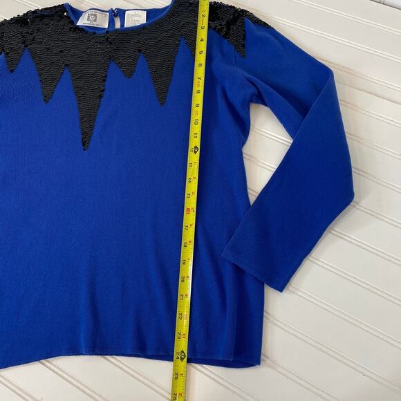 Anne Klein Vintage Blue & Black Sequin Cotton Crew Neck Pullover Sweater Size S - Picture 5 of 5